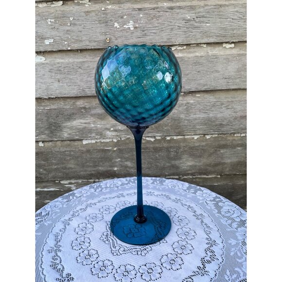 Vintage MCM Empoli Tall 14"  Turqoise Blue Glass Snifter Pedestal Vase Bowl - Picture 5 of 10
